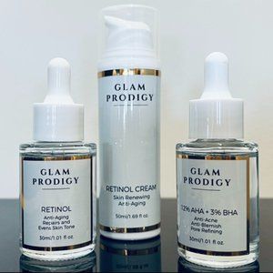 Glam Prodigy Skincare for fine lines/wrinkles (serum & cream) and acne serum